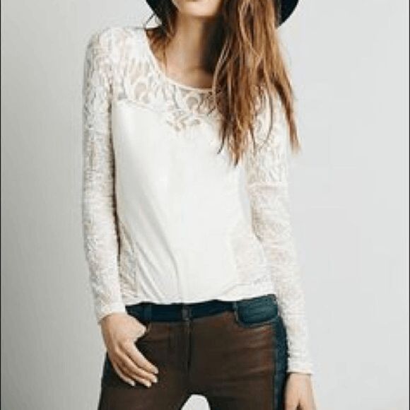 Free People Sweet Thang Cross Back Lace Panel Long Sleeve Size Medium - Picture 1 of 10